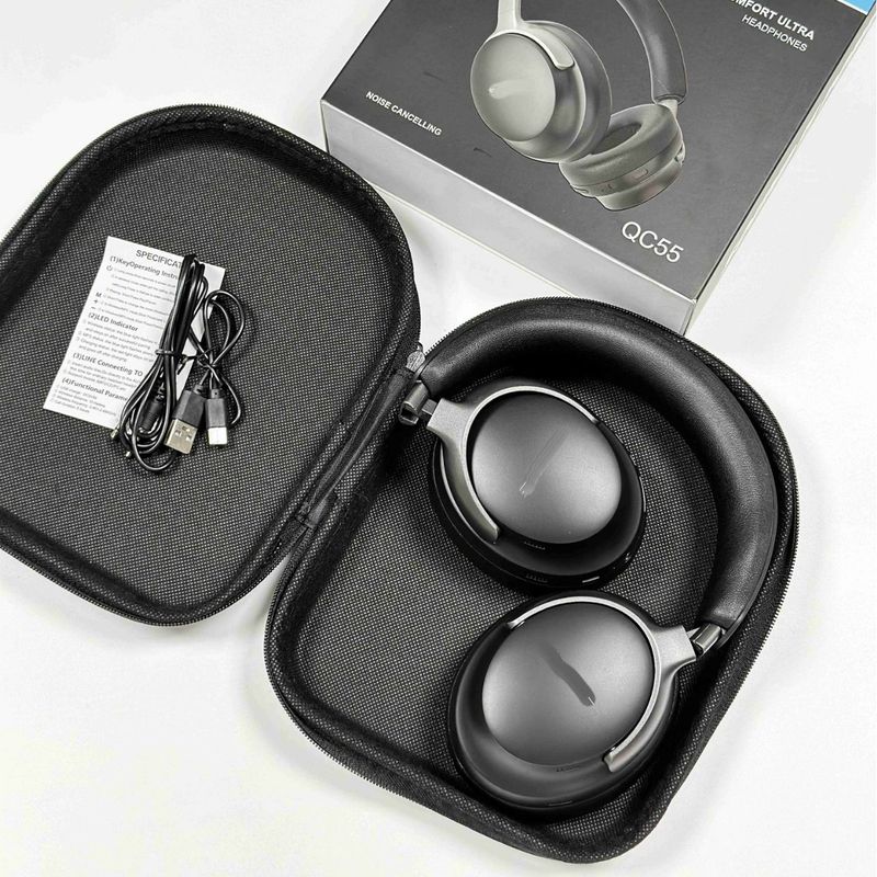Nieuwe QC55 ULTRA Bluetooth 3D stereo hoofdtelefoon met katoenen band en leren tas QC65 draadloze oordopjes met ruisonderdrukking_voghion.com