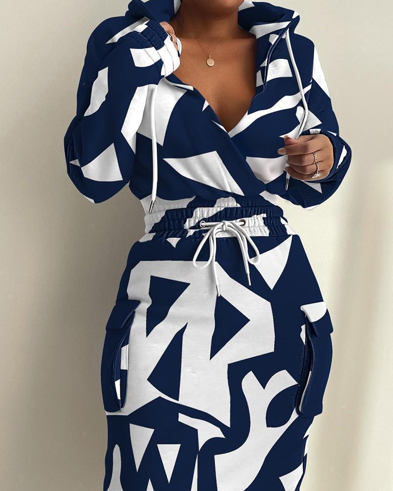 Damen Herbst/Winter Neues Langarmkleid mit Kordelzug und V-Ausschnitt_voghion.com