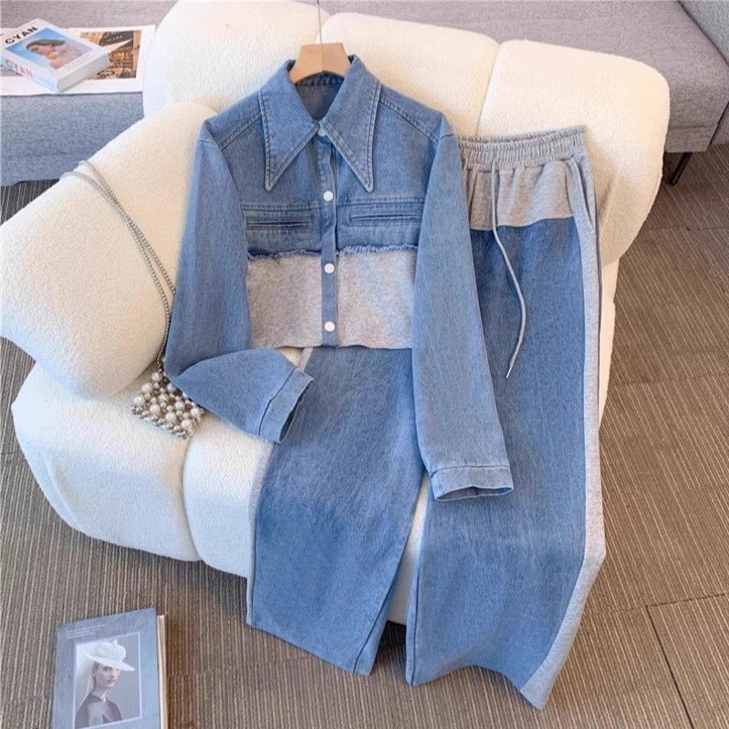 Kadın Giyim Kot Patchwork Moda Günlük Takım Elbise İlkbahar Ve Sonbahar Yeni Uzun Kollu Üst + Geniş Paça Uzun Pantolon İki Parça Takım Elbise_voghion.com