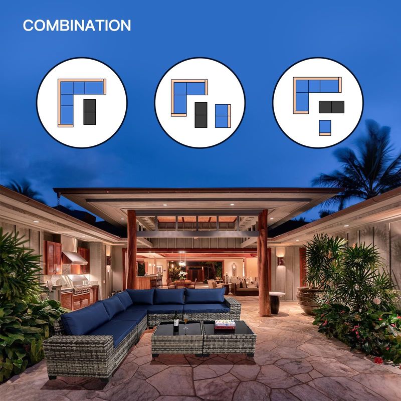 7-Piece Outdoor Patio Furniture Sets, All-Weather Wicker Rattan Sectional Sofa, Modern Two Glass Coffee Table And Washable Seat Cushion(Grey Blue)_voghion.com