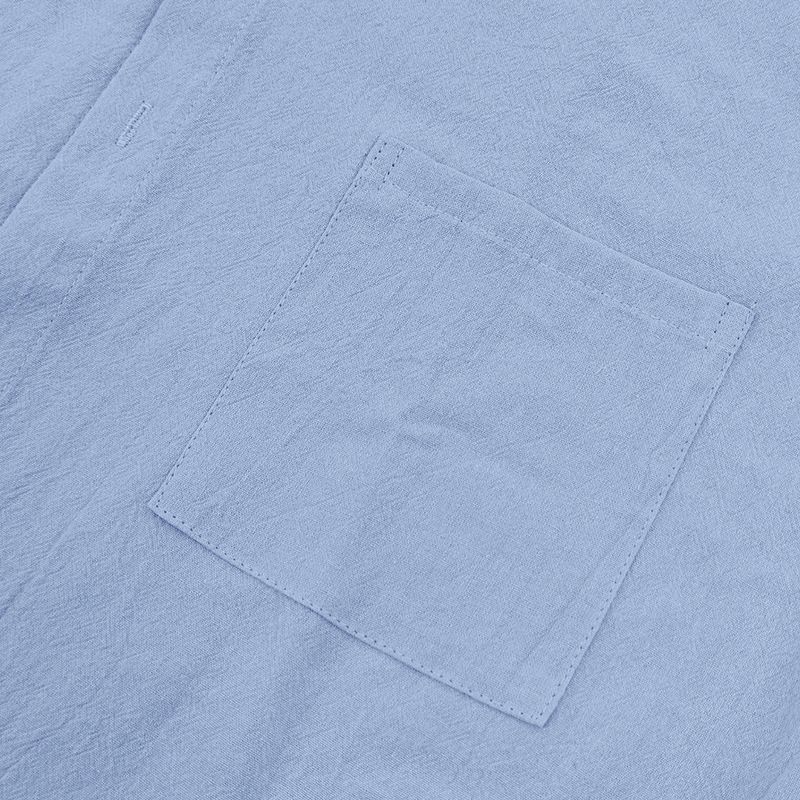 Camisa de lino de manga corta para hombre, nueva, de color liso, con cuello alto y bolsillo, holgada, informal_voghion.com