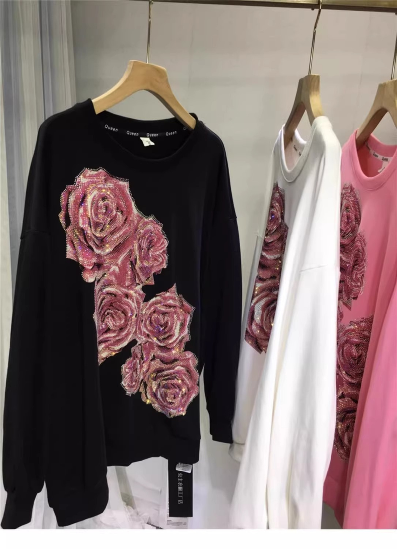 Odzież damska Bardzo duży rozmiar Gorący diamentowy sweter Lekki luksusowy kwiat róży Okrągły dekolt Wąski długi rękaw Bluzka typu pullover_voghion.com