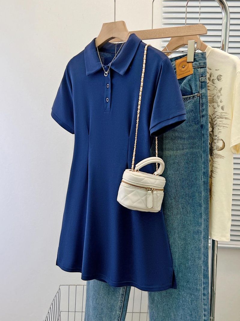 Rochie de vară nouă pentru femei, talie înaltă, cu mâneci subțiri, guler polo, casual, versiune coreeană, fustă scurtă_voghion.com