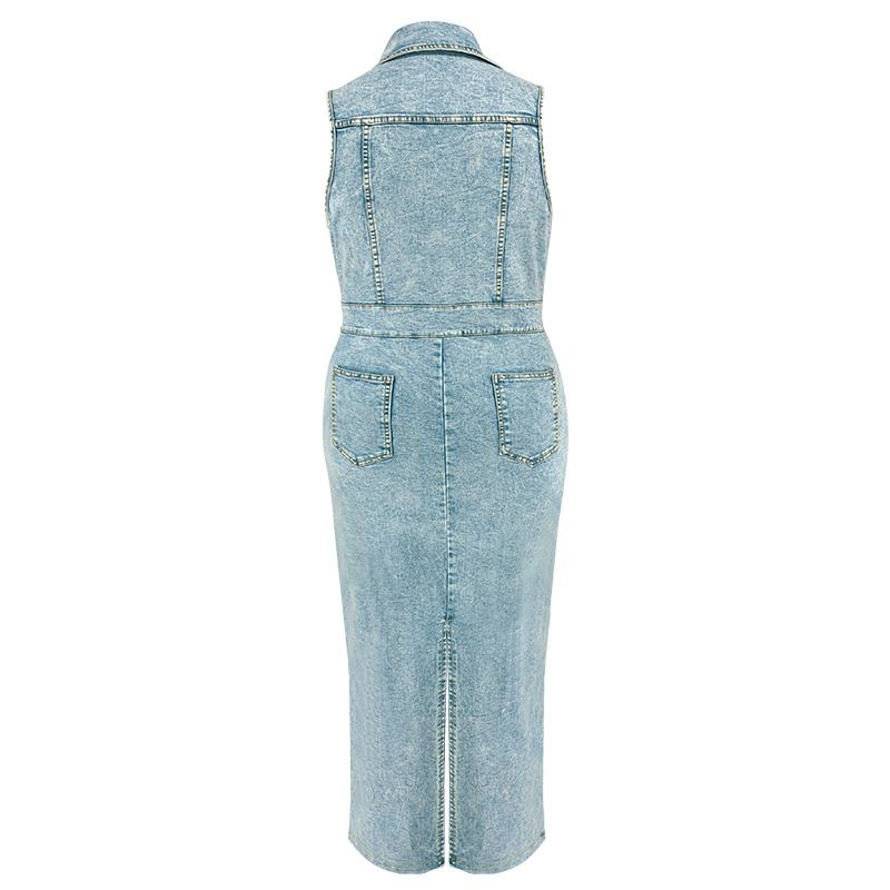 Abbigliamento da donna taglie forti abito senza maniche in denim con spacchi sul bavero_voghion.com