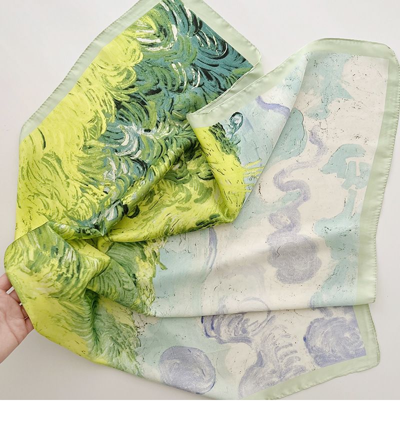 Fresh Green Oil Painting Printed Spring/Summer Fashion 70 Small Square Scarf Binding Headband Belt_voghion.com