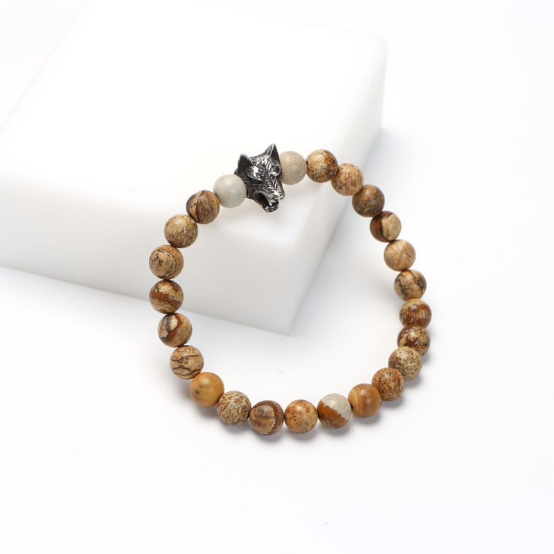 Bracelet en perles de verre fait main avec breloque tête de loup, perles de 8 mm, design unisexe pour anniversaire, souvenir de voyage, cadeau d'anniversaire. Bracelet en perles de 8 mm._voghion.com