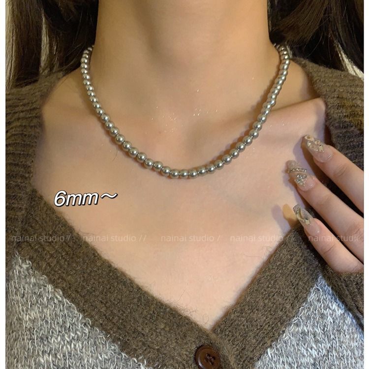 French Silver Gray Glass Pearl Necklace with Layered New Cool Style Neckchain Light Luxury and Small to Medium High end_voghion.com