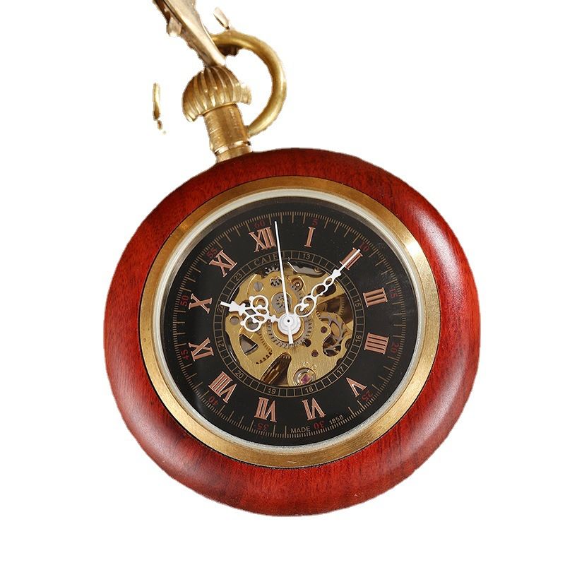 New Red Copper Roman Scale Wood Grain Straight Board Without Cover Manual Mechanical Pocket Watch_voghion.com