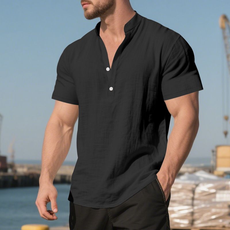 Camicia casual estiva da uomo, ampia, con colletto alto, abbottonata, in lino, a maniche corte, tinta unita, taglie forti_voghion.com