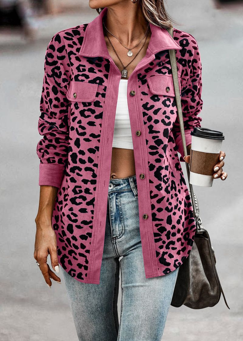 Women's Corduroy Leopard Print Jacket - Oversized Button-Up Long Sleeve Coat With Pockets (Multiple Colors, S-XXXL)_voghion.com
