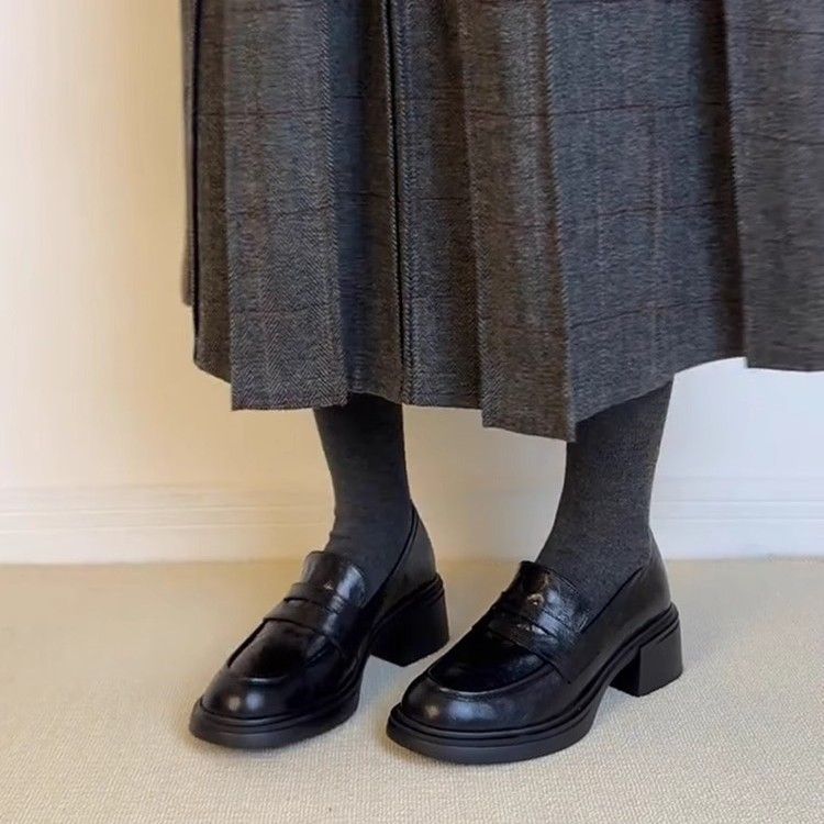 Versione in pelle di pecora ~ Mocassini da donna con punta tonda alta e suola spessa, stile britannico, slip-on, versatili, con tacco spesso_voghion.com