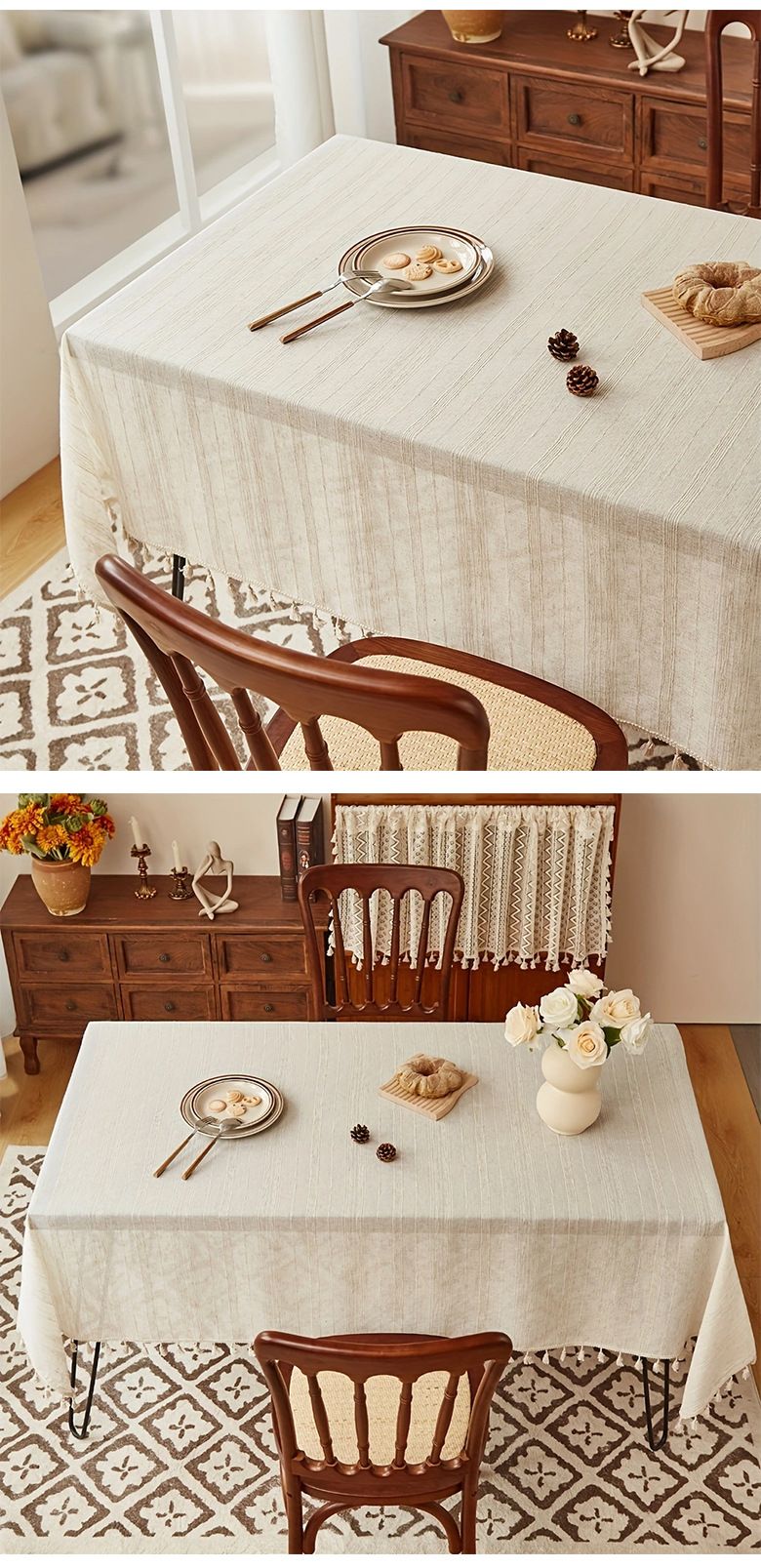 100% Linen Tablecloth – Extra Wide 140cm Rectangle Stripe Table Cover For Dining Room, Washable Natural Fabric Home Decor_voghion.com