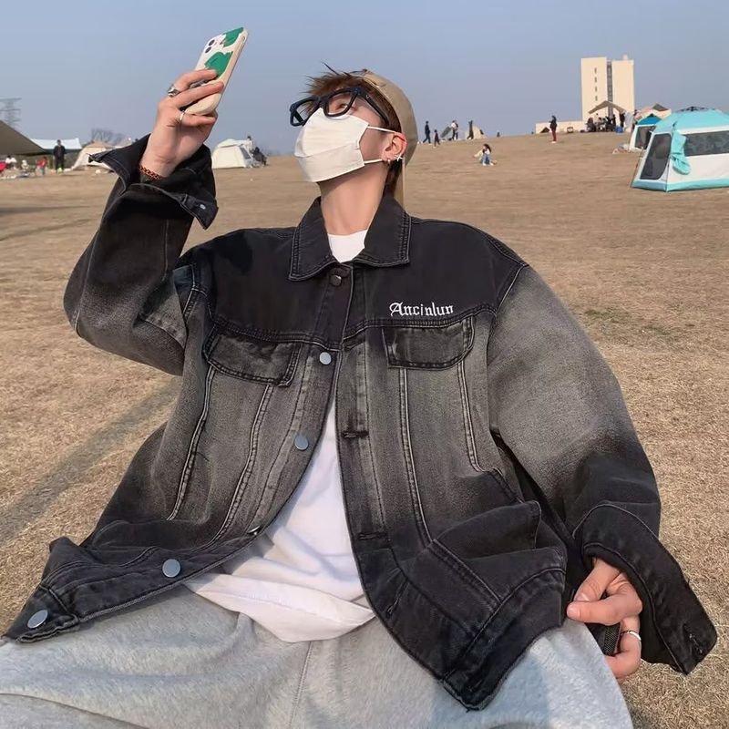 American Gradient Denim Men's Spring Trendy Label Flip Collar Work Jacket, Loose Casual Youth Top_voghion.com