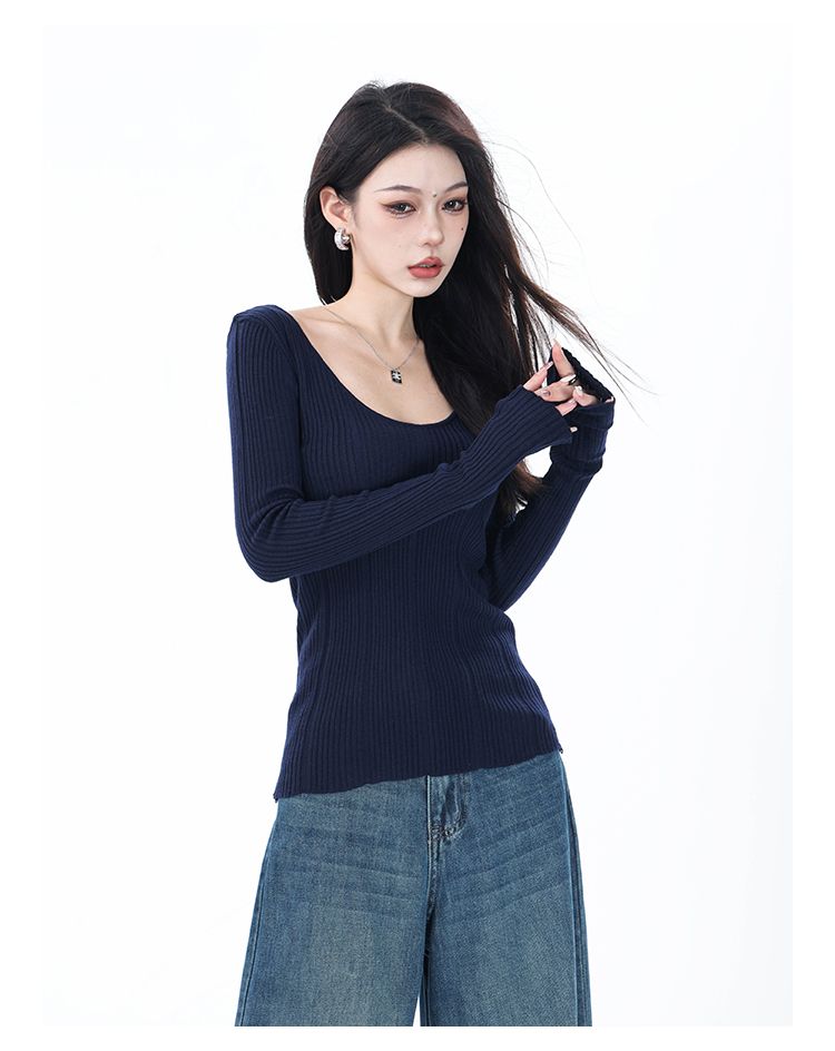 ABWEAR Maglione a maniche lunghe con scollo rotondo blu navy autunno inverno da donna, tinta unita, lavorato a maglia, con base a coste_voghion.com