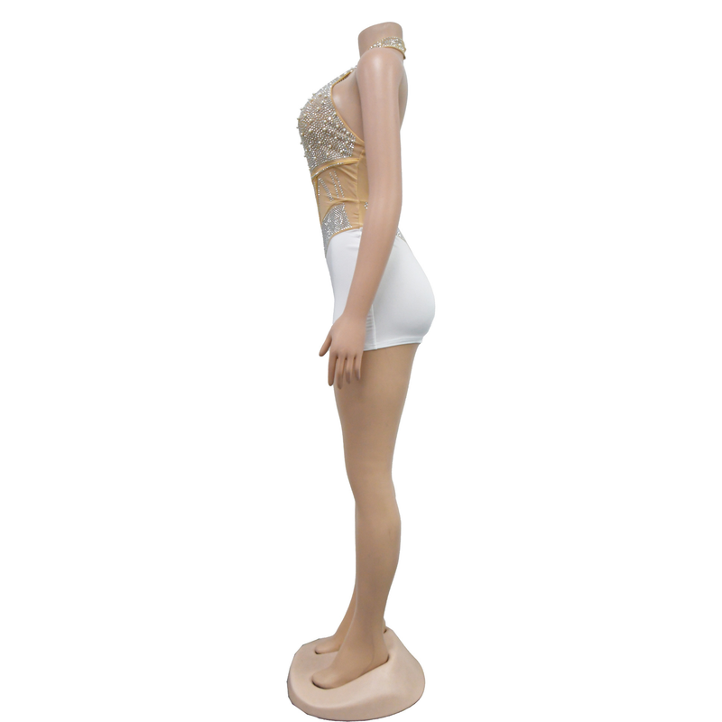 Women's mesh mesh perm beads sleeveless shorts jumpsuit_voghion.com