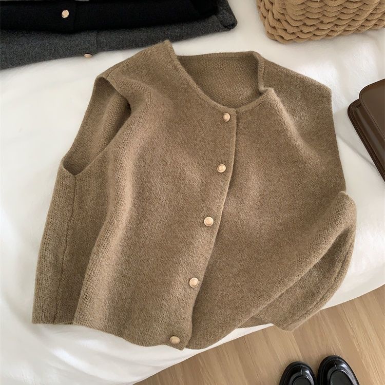 Sanfte einreihige kleine goldene Knopf Rundhals Strickweste Strickjacke Damen, ärmelloses Leibchen Top im koreanischen Stil für_voghion.com