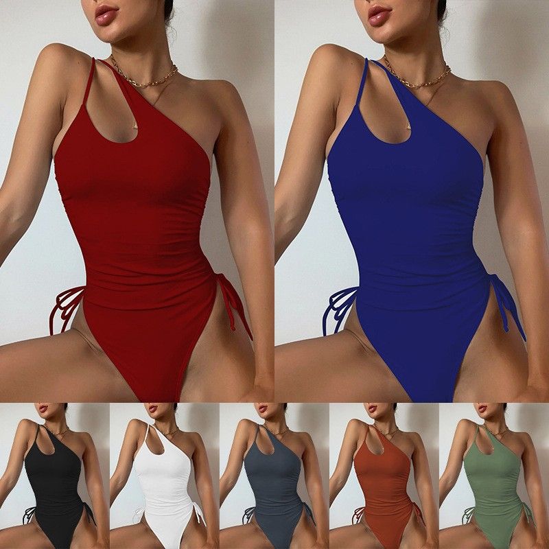 Dámské oblečení Sexy bikiny plavky na jedno rameno Dámské jednobarevné bikiny plavky s vysokým pasem_voghion.com