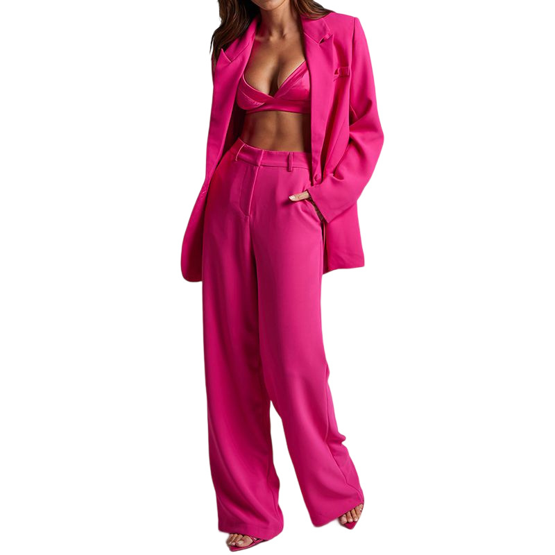 Pantaloni larghi da donna a gamba larga a vita alta a maniche lunghe con risvolto casual, due pezzi_voghion.com