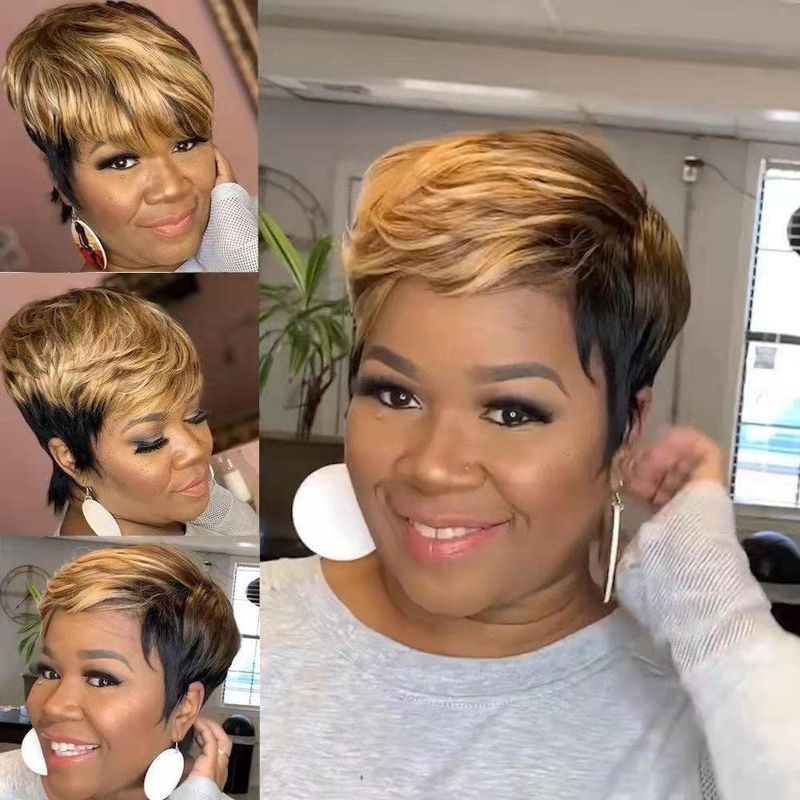 Ladies Yellow And Black Fashion Chemical Fiber Short Wigs Side Parted Temperament Short Wigs_voghion.com