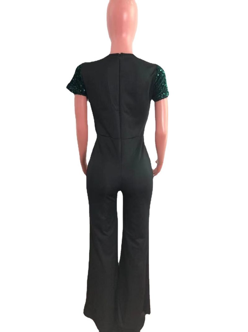 Women's Clothing Sequin Stitching Wide Leg Pants Short Sleeved Jumpsuit_voghion.com