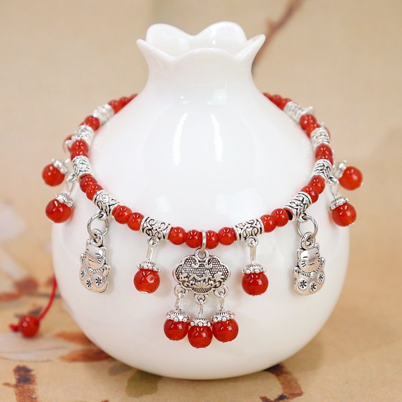 New Women's Summer String Natural Red Agate Peace Lock Tassel Bell Zodiac Year Anklet Accessories_voghion.com
