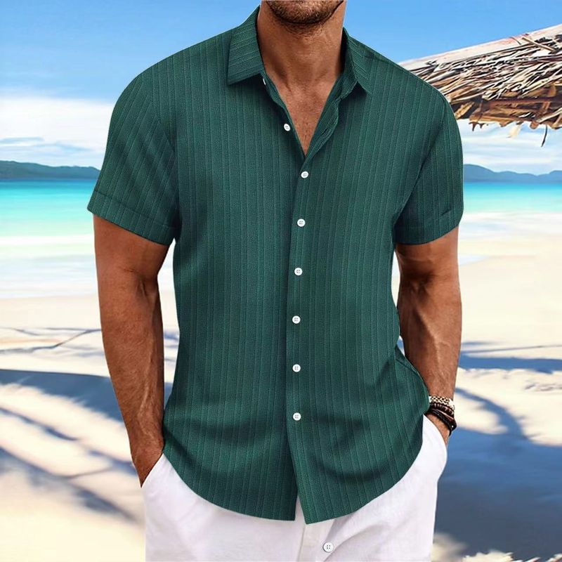 Camicia casual a maniche corte in cotone e lino a righe jacquard da uomo_voghion.com