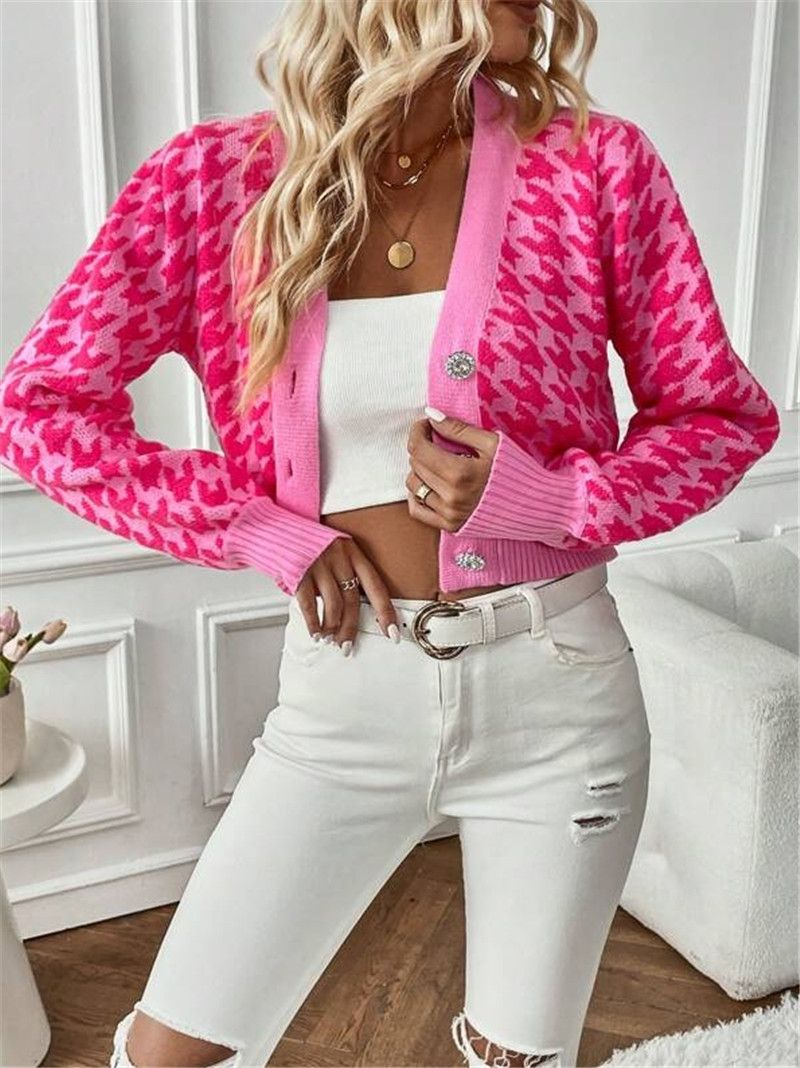 Dameskleding herfst en winter patroon lantaarn mouw gebreide cardigan trui korte jas_voghion.com