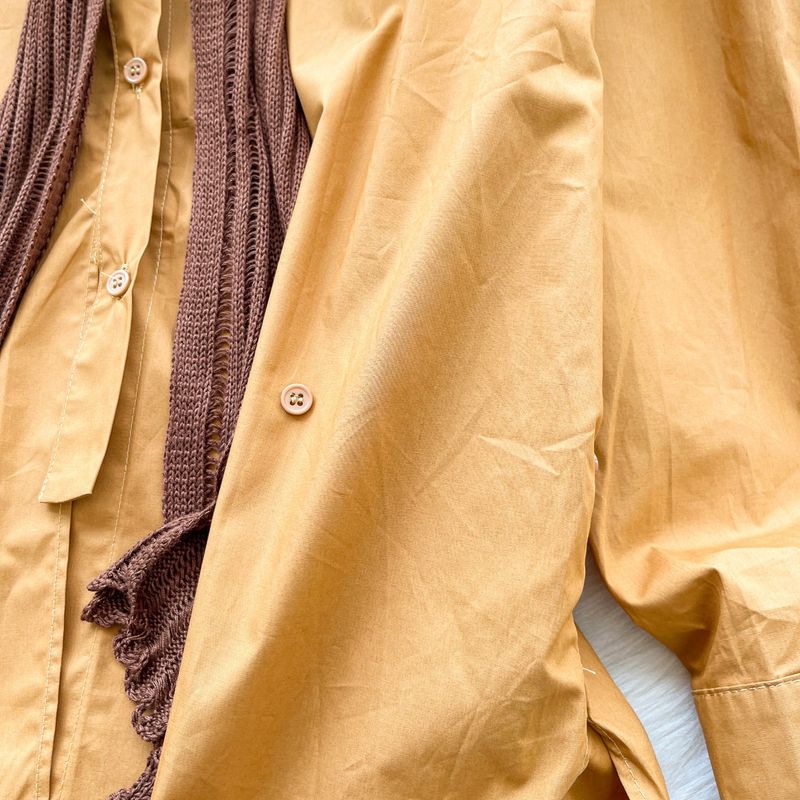 Oversized Shirt & Knit Shawl Two-Piece Set - Loose Fit Long Sleeve Blouse With Layered Chic_voghion.com