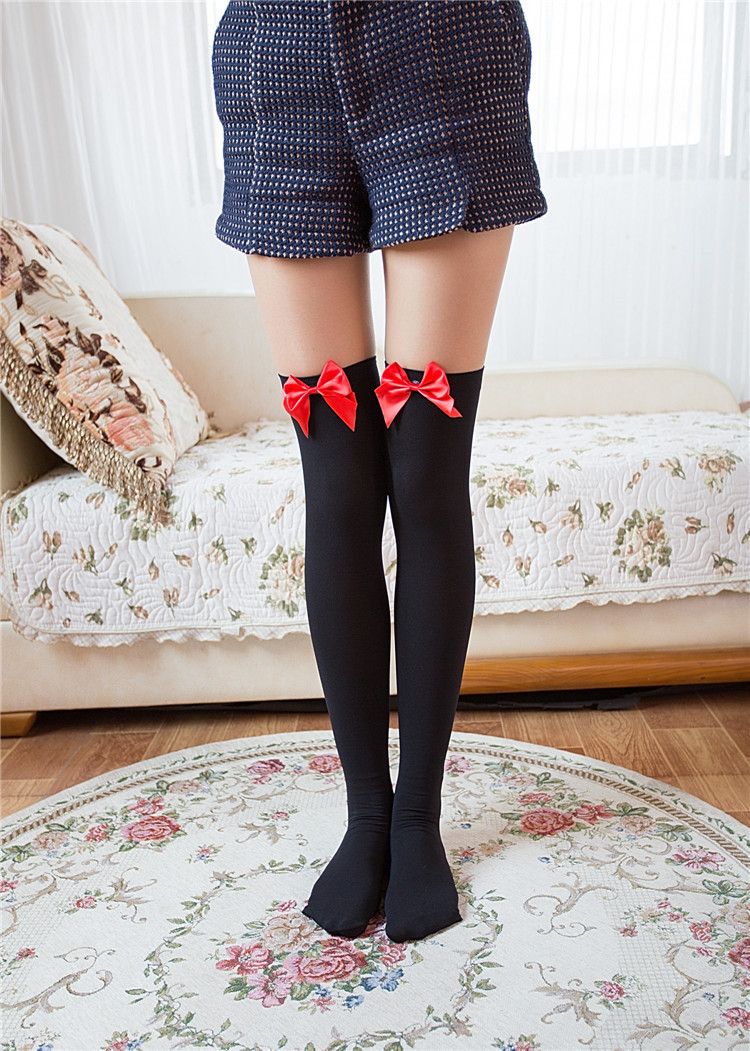 Aksamitne pończochy kokarda kuszące damskie zabawne pończochy japońskie słodkie podkolanówki hurtowo_voghion.com