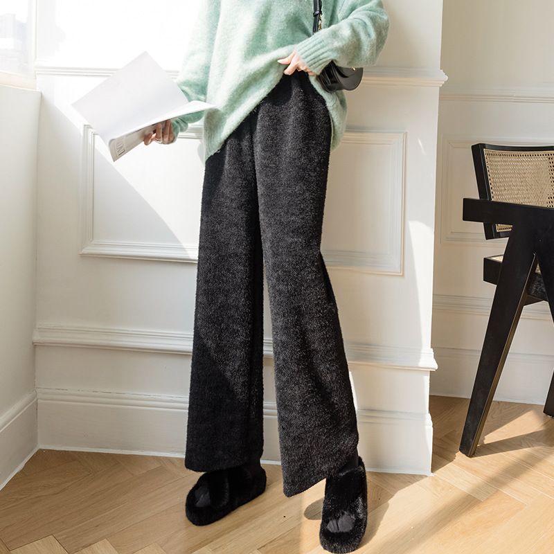 Pantalon évasé en tricot crème pour femme - Pantalon d'hiver taille haute, jambe large et doublé polaire, pour un usage décontracté et professionnel._voghion.com
