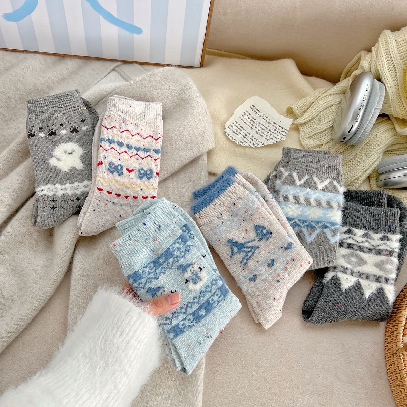 001 001 Vintage Fair Isle Puppy Wool For Women, Autumn And Winter Thickened Warm Gray Mid-Calf Socks, Cute Fuzzy Slouch Socks_voghion.com