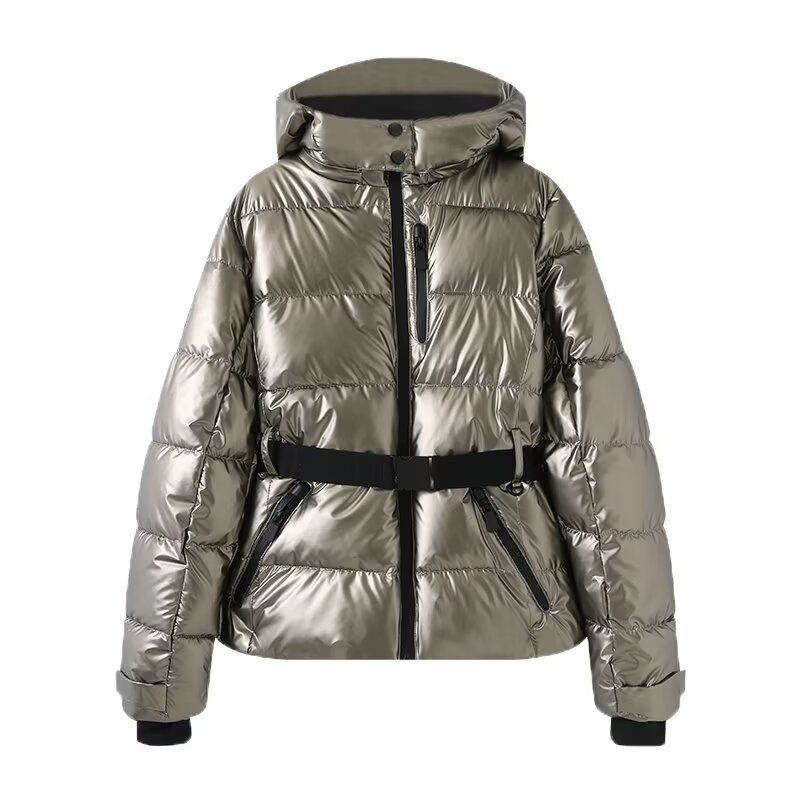 Women's Clothing Women's Stylish Ski-Inspired Hooded Down Jacket With Waist Cinching - Winter Warm Padded Coat In Black/Checkered/Silver/Blue Floral_voghion.com