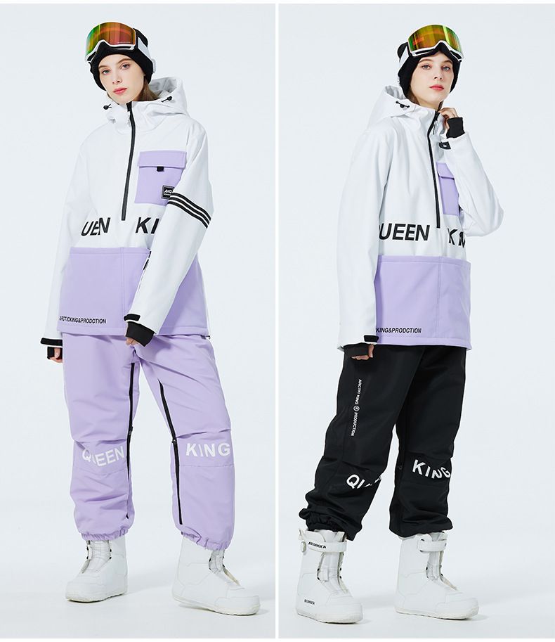 Set unisex da sci con cappuccio e pantaloni da neve e pioggia - Completo da snowboard impermeabile e antivento con blocchi di colore_voghion.com