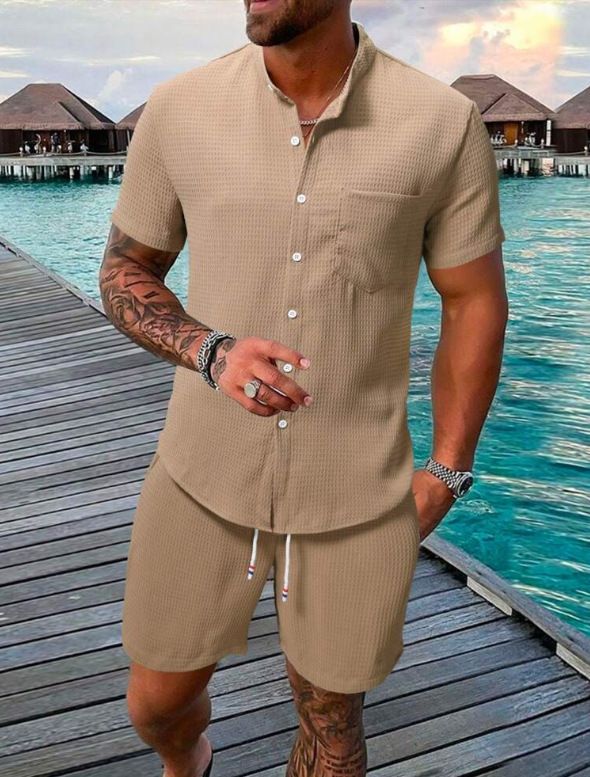 Conjunto de verão masculino de duas peças - Camisa texturizada de manga curta e shorts combinando | Conjunto casual de cor sólida_voghion.com