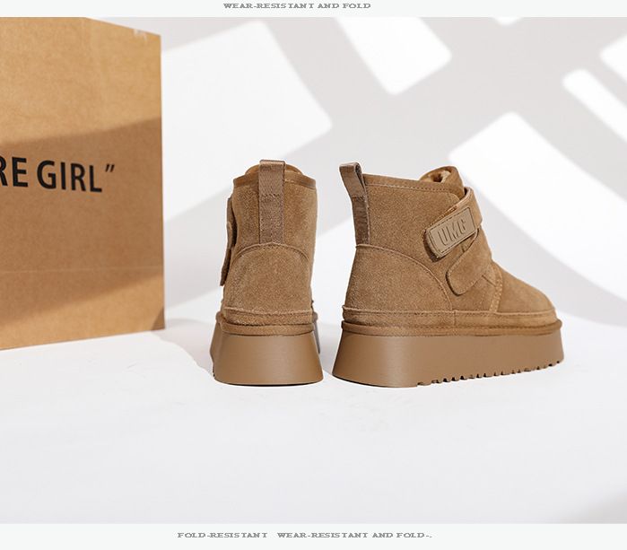 Genuine leather snow boots women's short tube 2024 winter new casual thick bottom Velcro warm non slip cowhide cotton boots_voghion.com