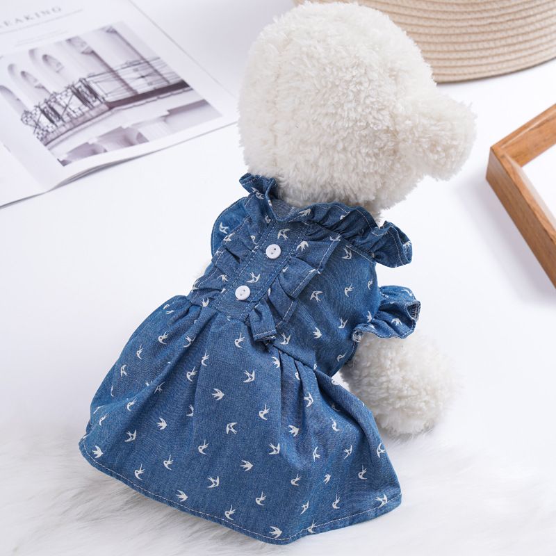 New Spring Summer Thin Cat Dog Small Medium Pet Clothes Soft Denim Ruffle High Waist Dress_voghion.com