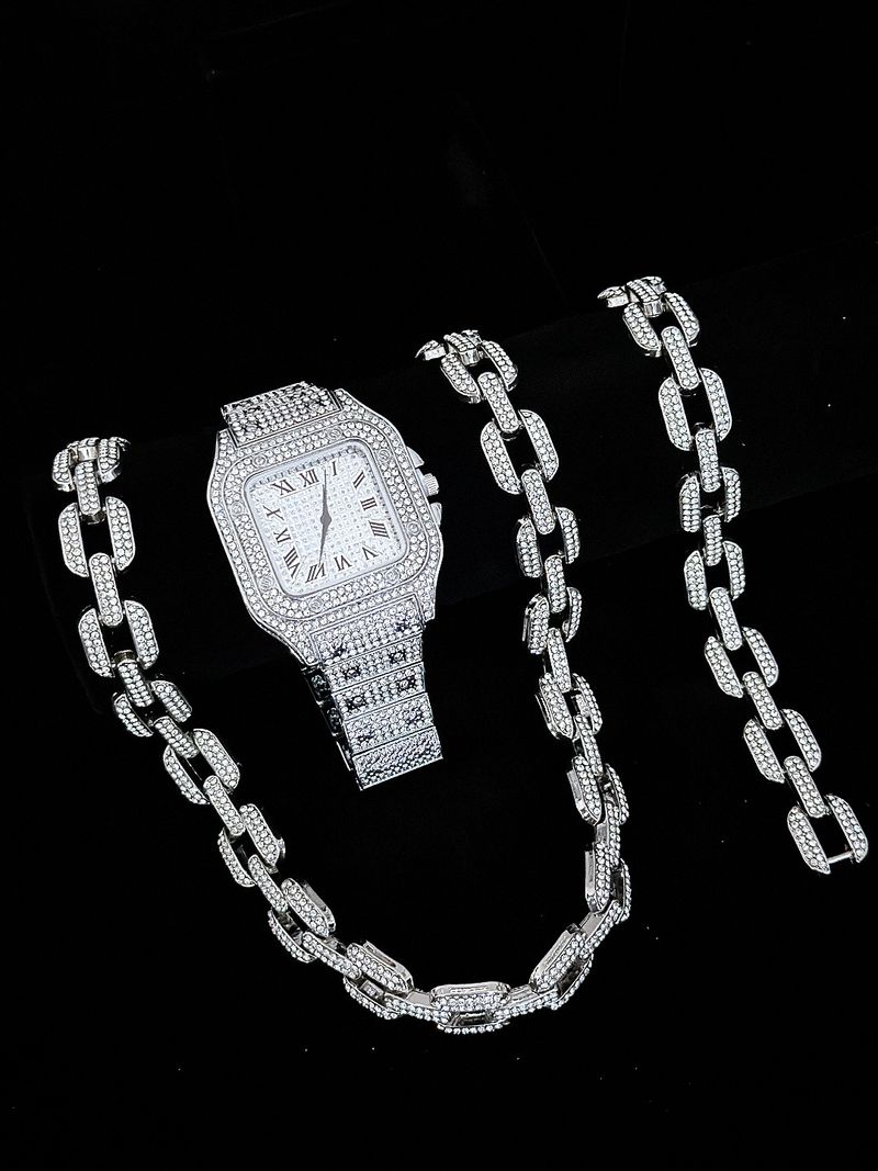 Men And Women's Jewelry - Stylish Square Watch Pendant Cuban Chain Necklace, Hip Hop Fashion Accessory, Trendy Unisex Gift, Gold And Silver Options_voghion.com