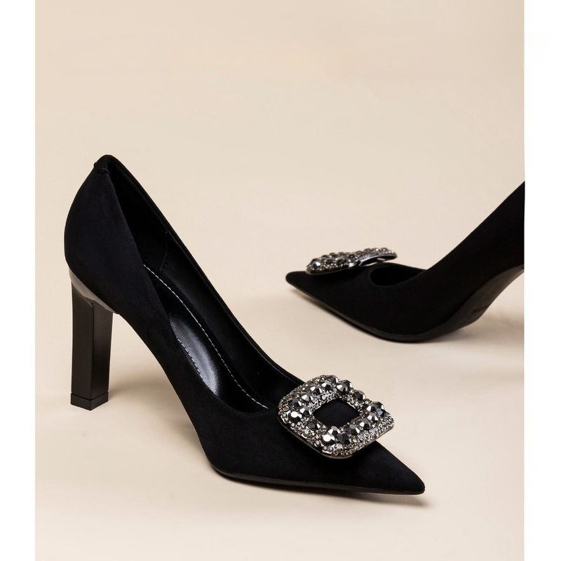 Elegante, professionelle schwarze High Heels für Damen, neue spitze Zehenpartie, Strasssteine, High-End, Pendlerarbeit, klobiger Absatz_voghion.com