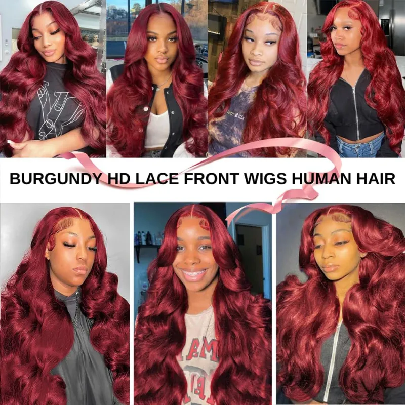 Parrucca frontale in capelli umani senza colla bordeaux da 30 pollici, pizzo frontale HD 13x6, onda del corpo colorata 13x4_voghion.com
