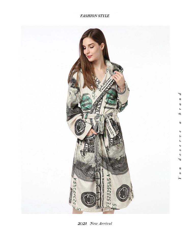 Women's dollar printed nightgown Couple hooded nightgown Flannel bathrobe personalized pajamas_voghion.com
