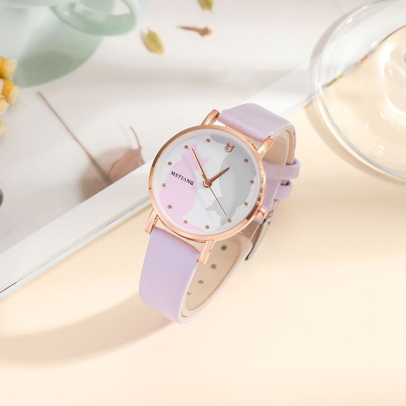Girls' new watch set: simple and versatile patterned leather belt quartz watch + cute bunny beaded bracelet_voghion.com