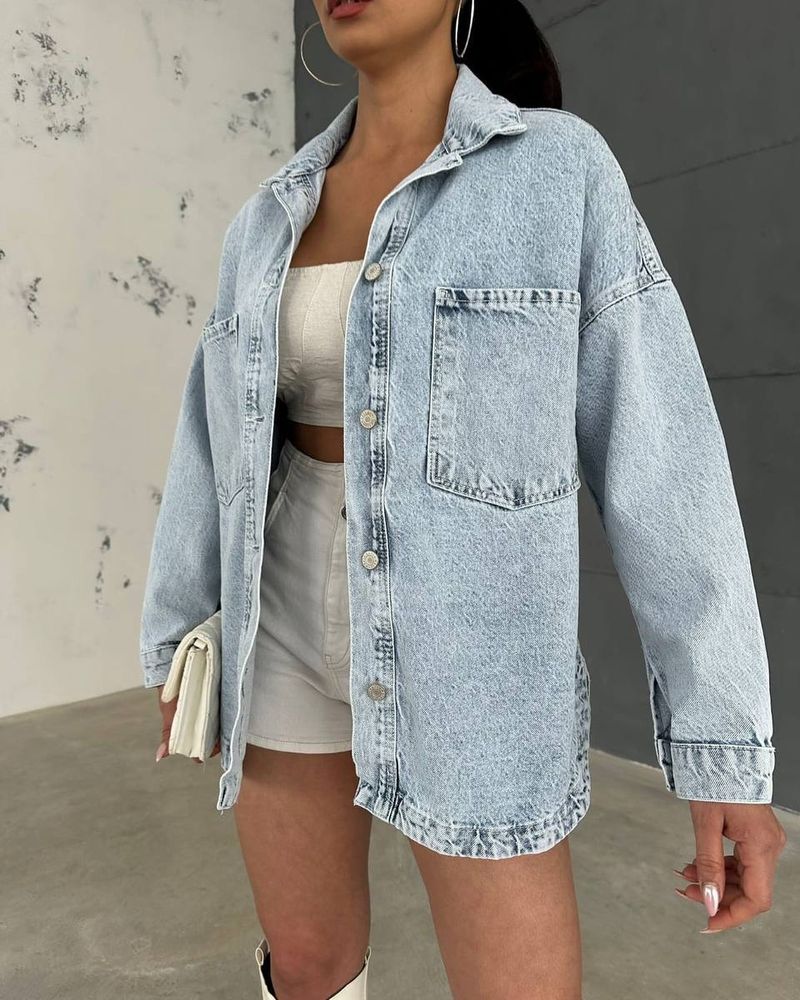 Women's Clothing Retro Washed Old Oversize Lapel Long Sleeved Top Autumn New All Match Cardigan Jacket_voghion.com