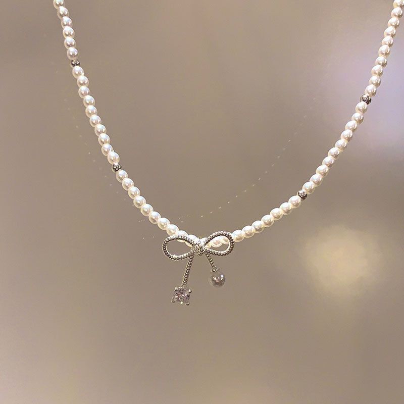 Classybych Light Luxury Bowknot Pearl Necklace Simple High-end Personality Fashion Versatile Collarbone Choker_voghion.com