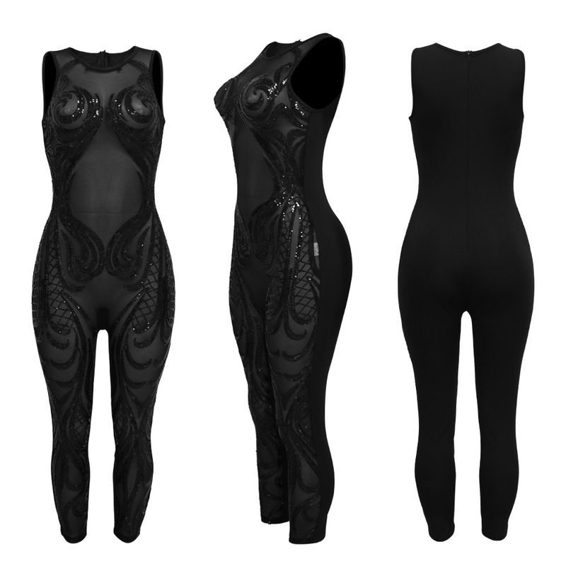 Sexy sleeveless round neck see-through jumpsuit, polyester mesh spliced sequin style, slim trousers_voghion.com
