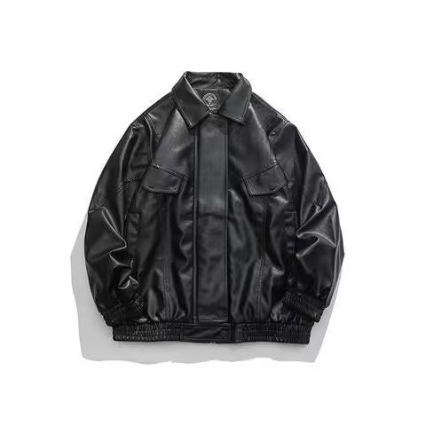 American Trendy Motorcycle PU Leather Men's Spring Casual Loose Collared Couple Jacket Top_voghion.com