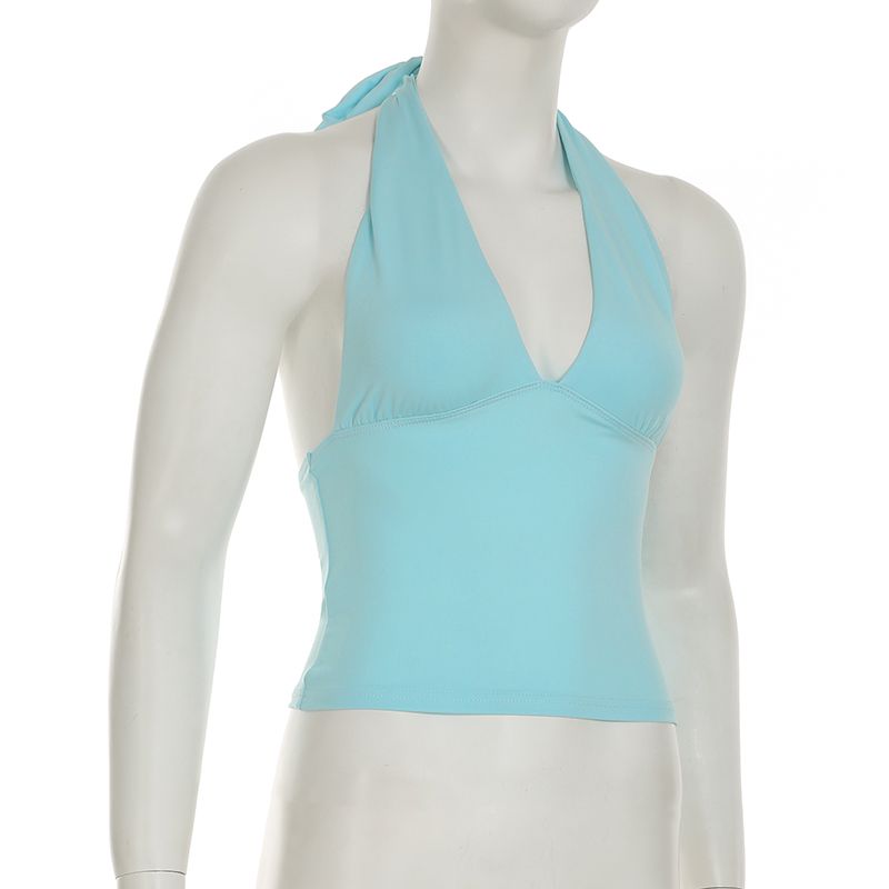 H Brand Abbigliamento da donna Stile americano Scollo a V profondo Colore unico Canotta con scollo all'americana Vita snellente Schiena scoperta con lacci_voghion.com