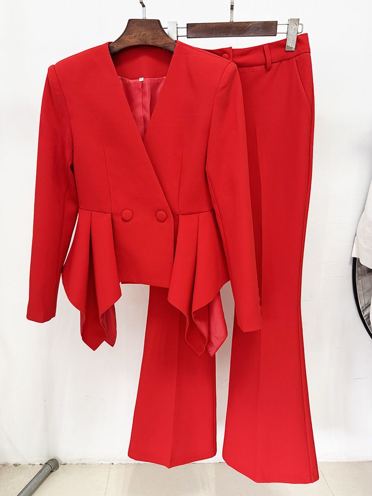 Women's Clothing In Stock Designer New Lotus Leaf Hem Slim Fit Jacket Flared Trousers Suit Two Piece Suit_voghion.com