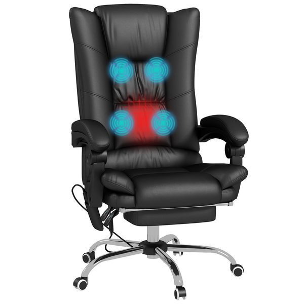 Vinsetto PU Leather Heated Massage Office Chair 4 Vibration Points Reclining Adjustable Footrest Black_voghion.com