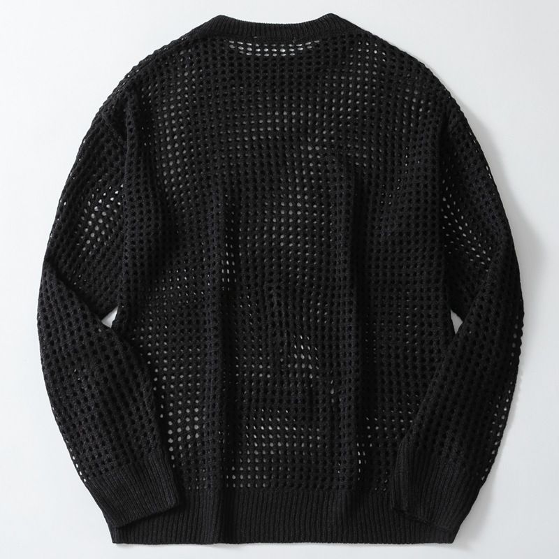 Men's sexy hollow out men's knitted versatile style round neck pullover thin sweater SY0118_voghion.com