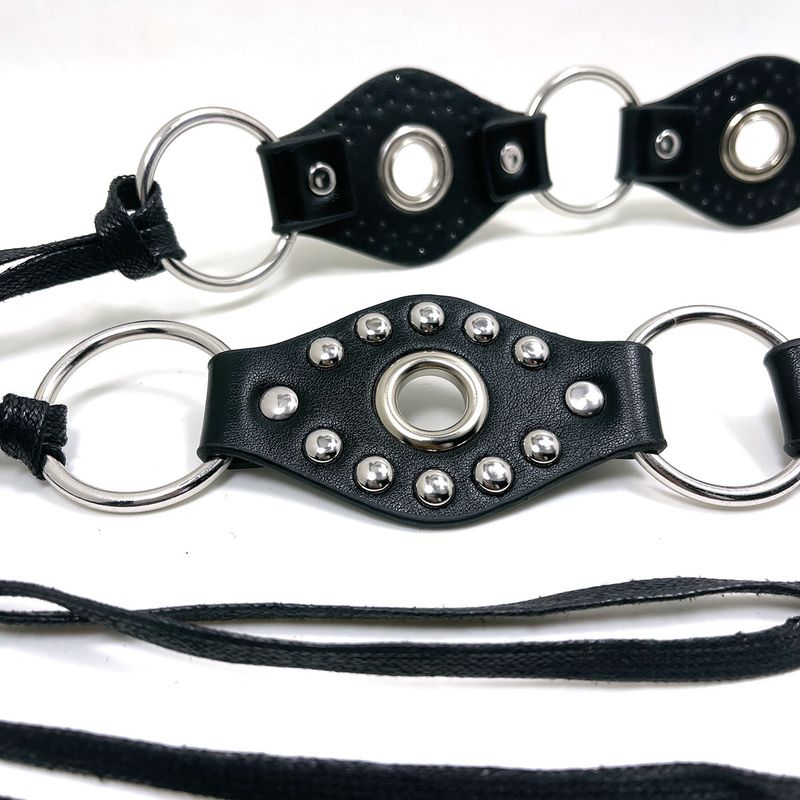 American Style Y2K Spicy Girl Round Ring Leather Patchwork Belt Black Rivet Metal Buckle Design Sense Tie Waist Rope_voghion.com